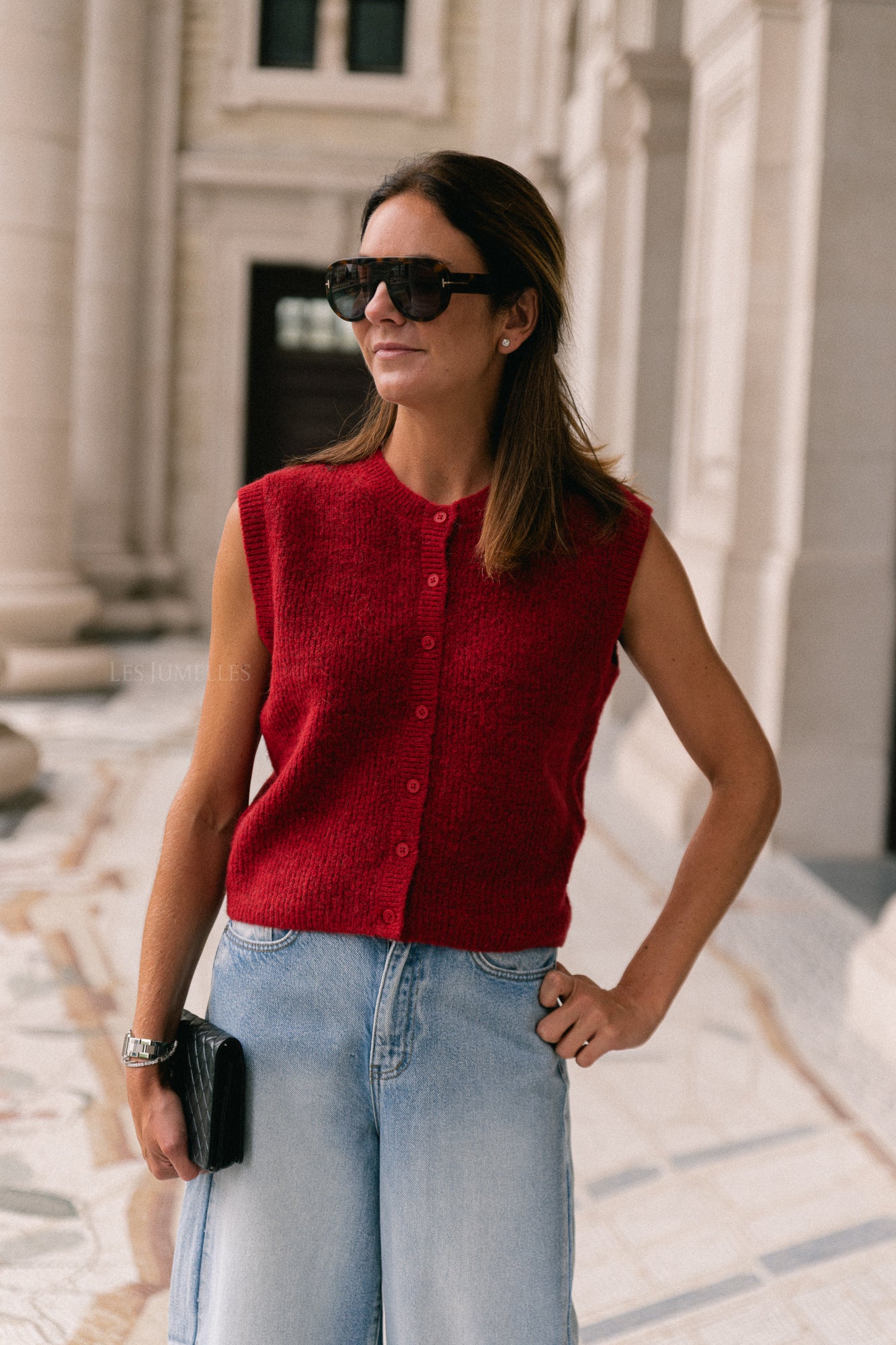 Gilet col rond boutonné SLFLulu SL rouge équestre