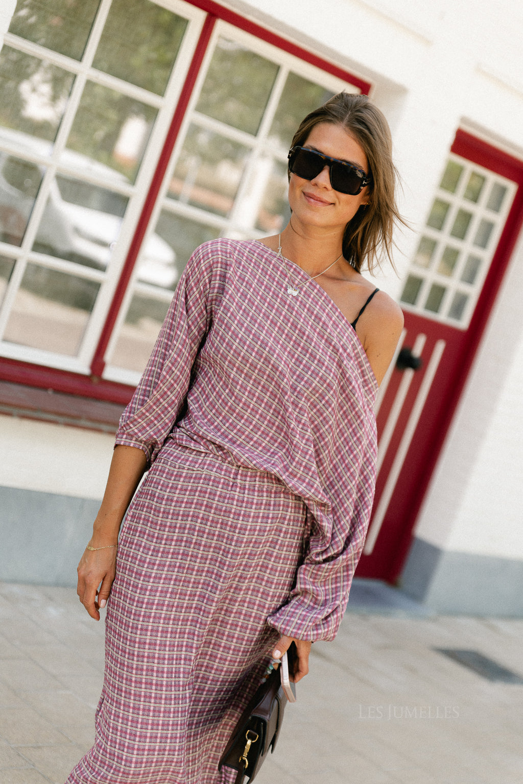 Cosette signature check blouse dark rose