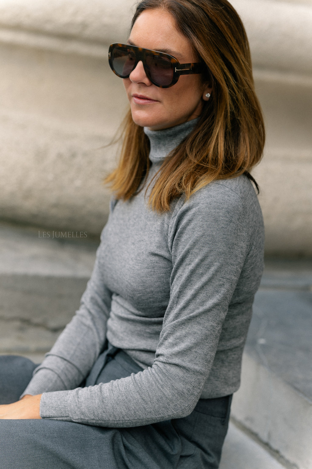 OBJThess LS rollneck knit pullover medium grey melange