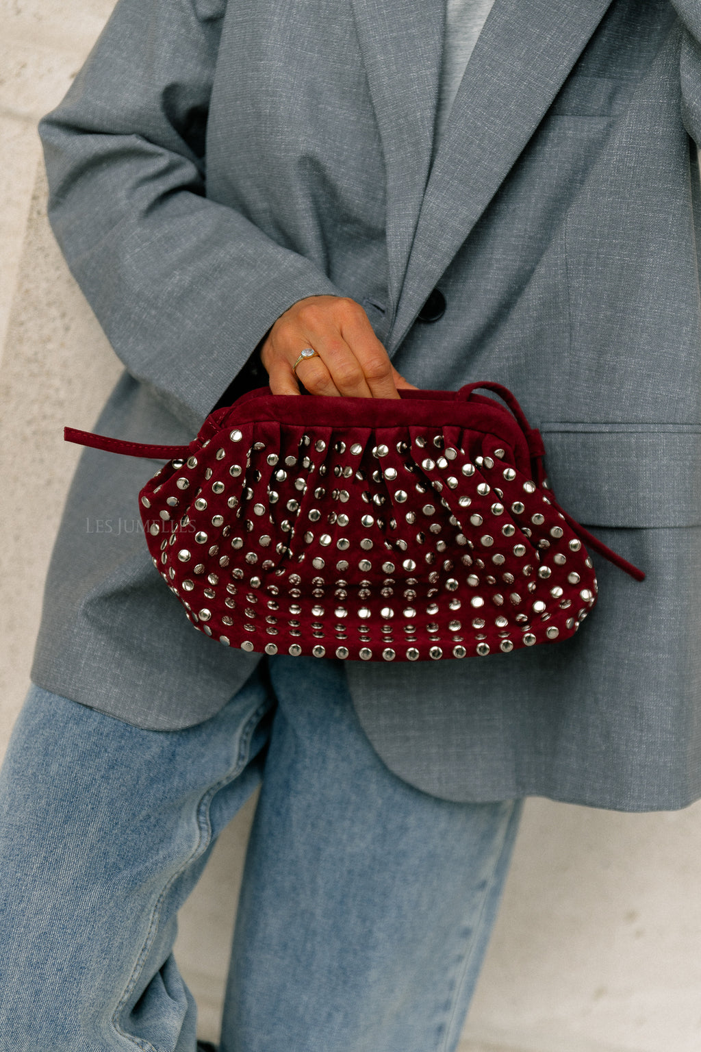 Studded suede clutch wine red
