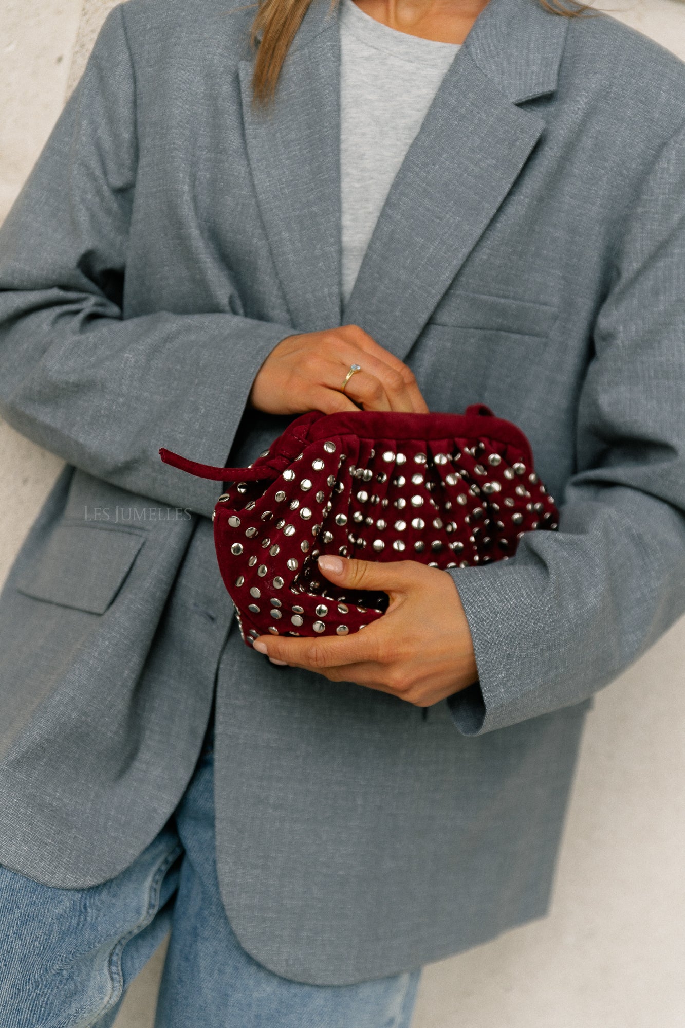 Studded suede clutch wine red