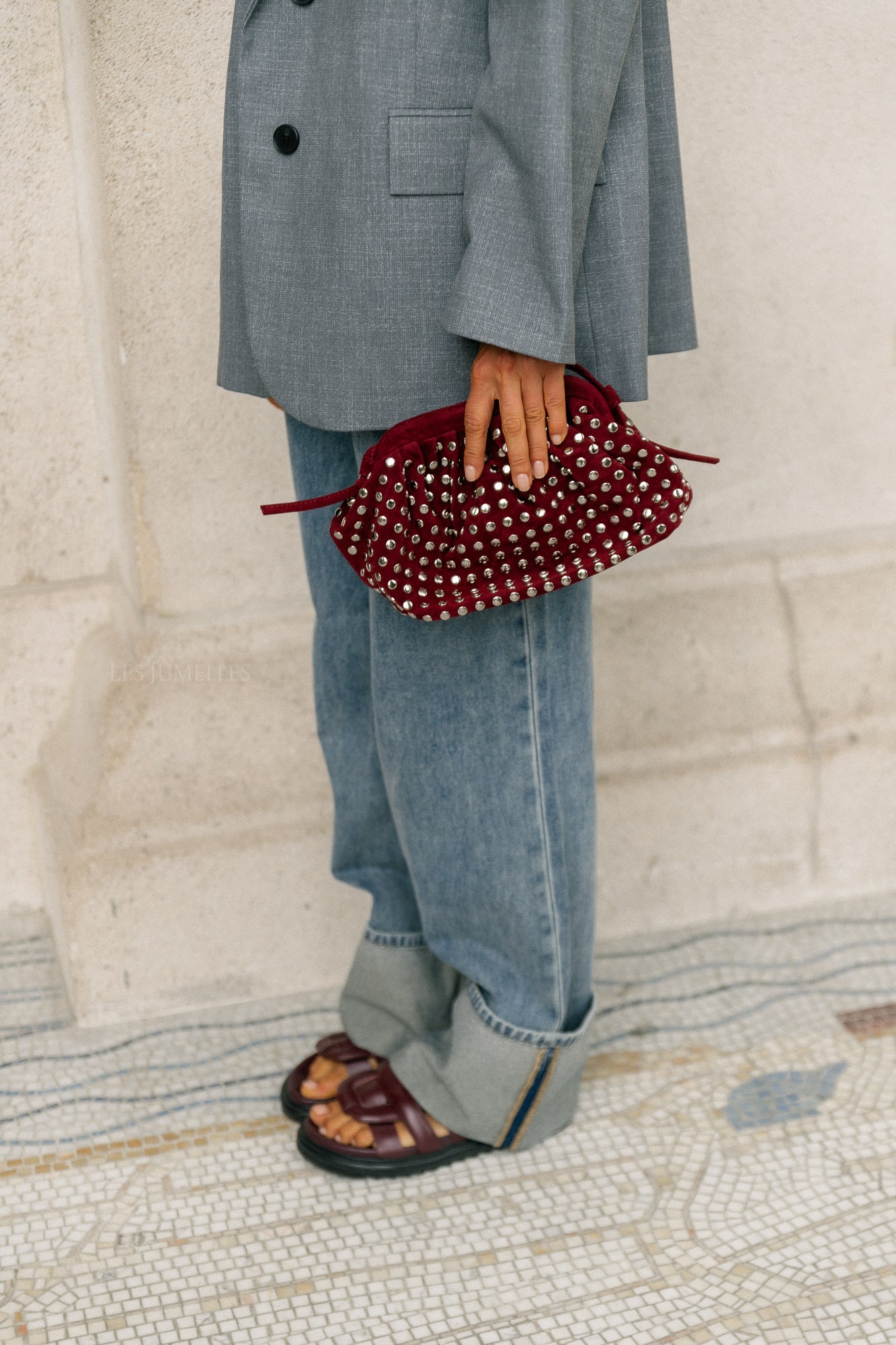 Studded suede clutch wine red