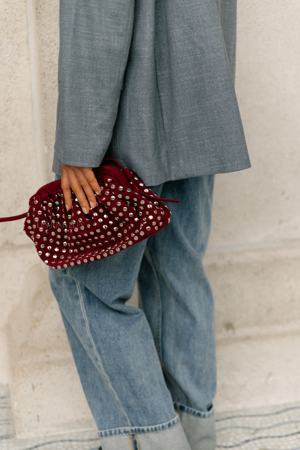 Studded suede clutch wine red
