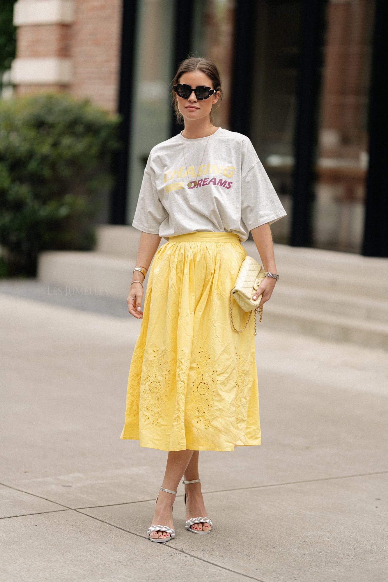 Embroidery anglaise midi skirt sweet yellow