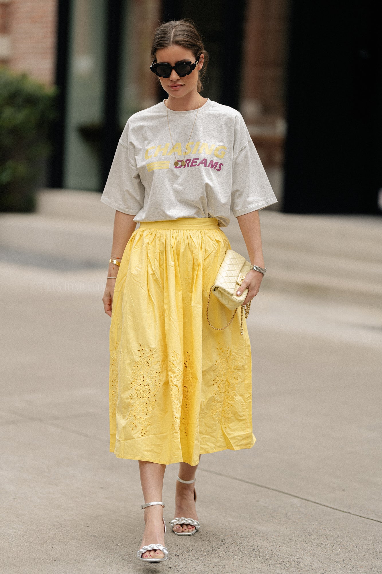 Embroidery anglaise midi skirt sweet yellow