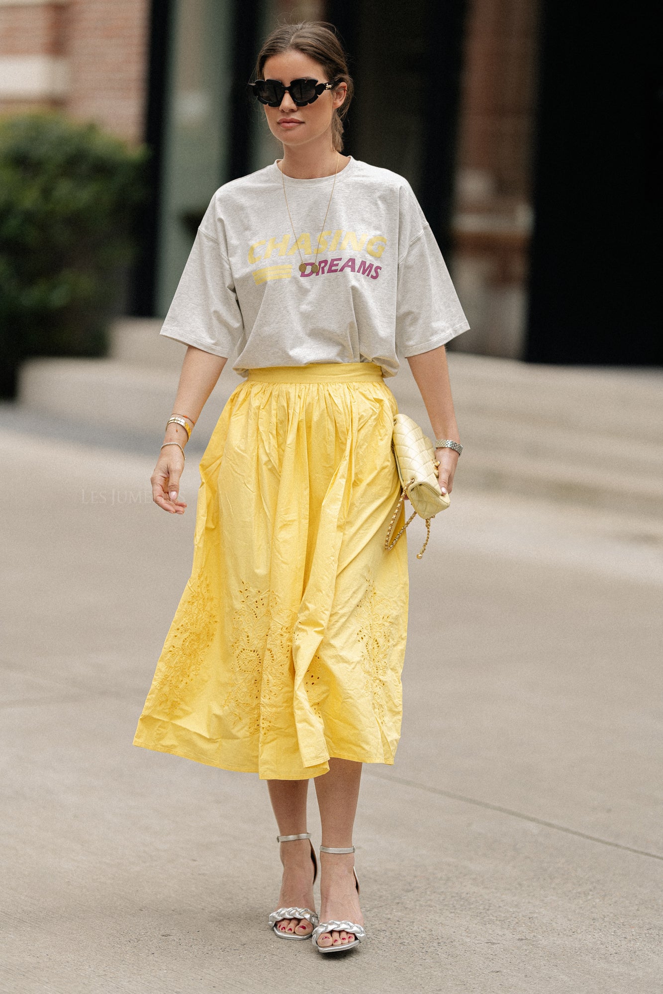 Embroidery anglaise midi skirt sweet yellow