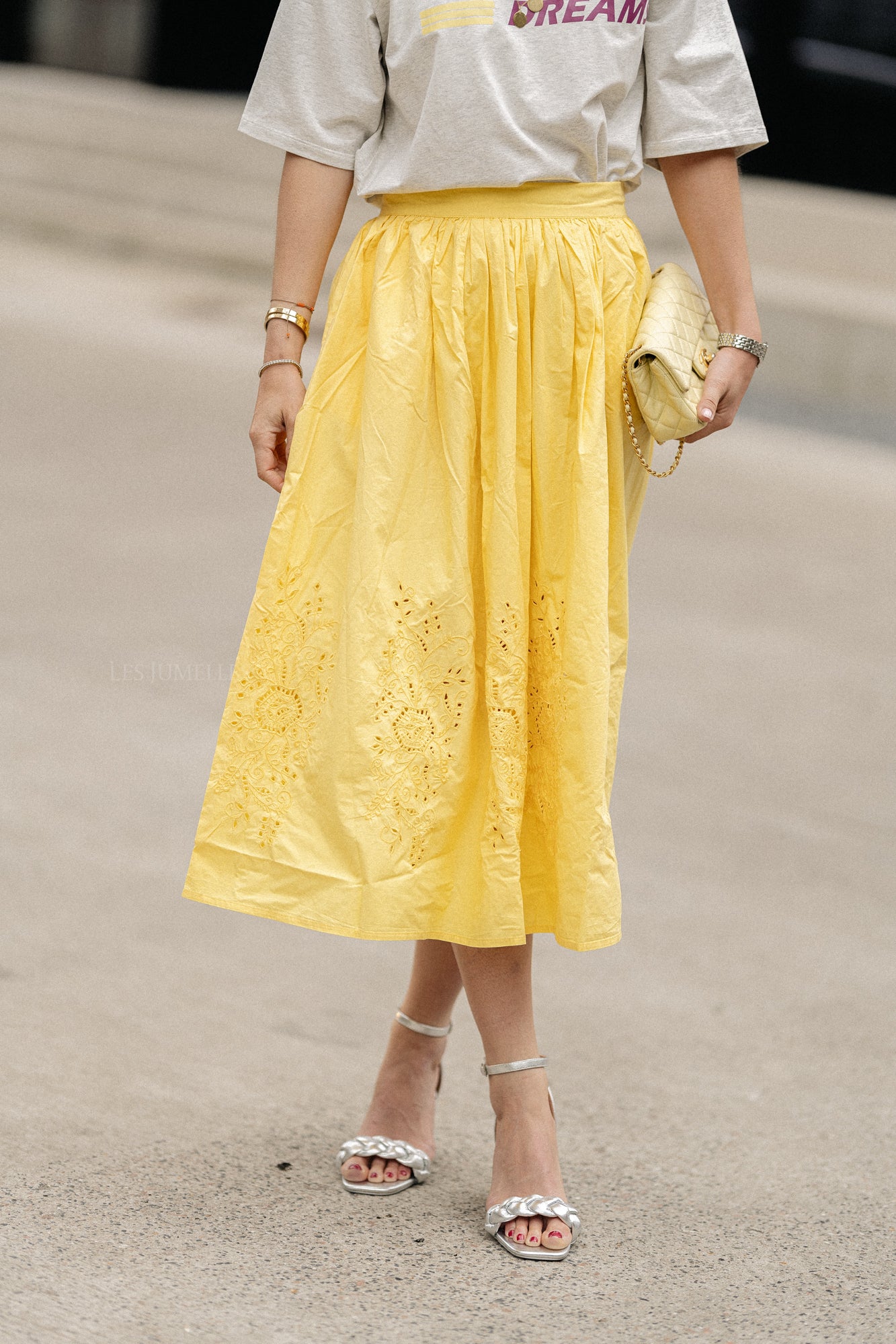 Embroidery anglaise midi skirt sweet yellow