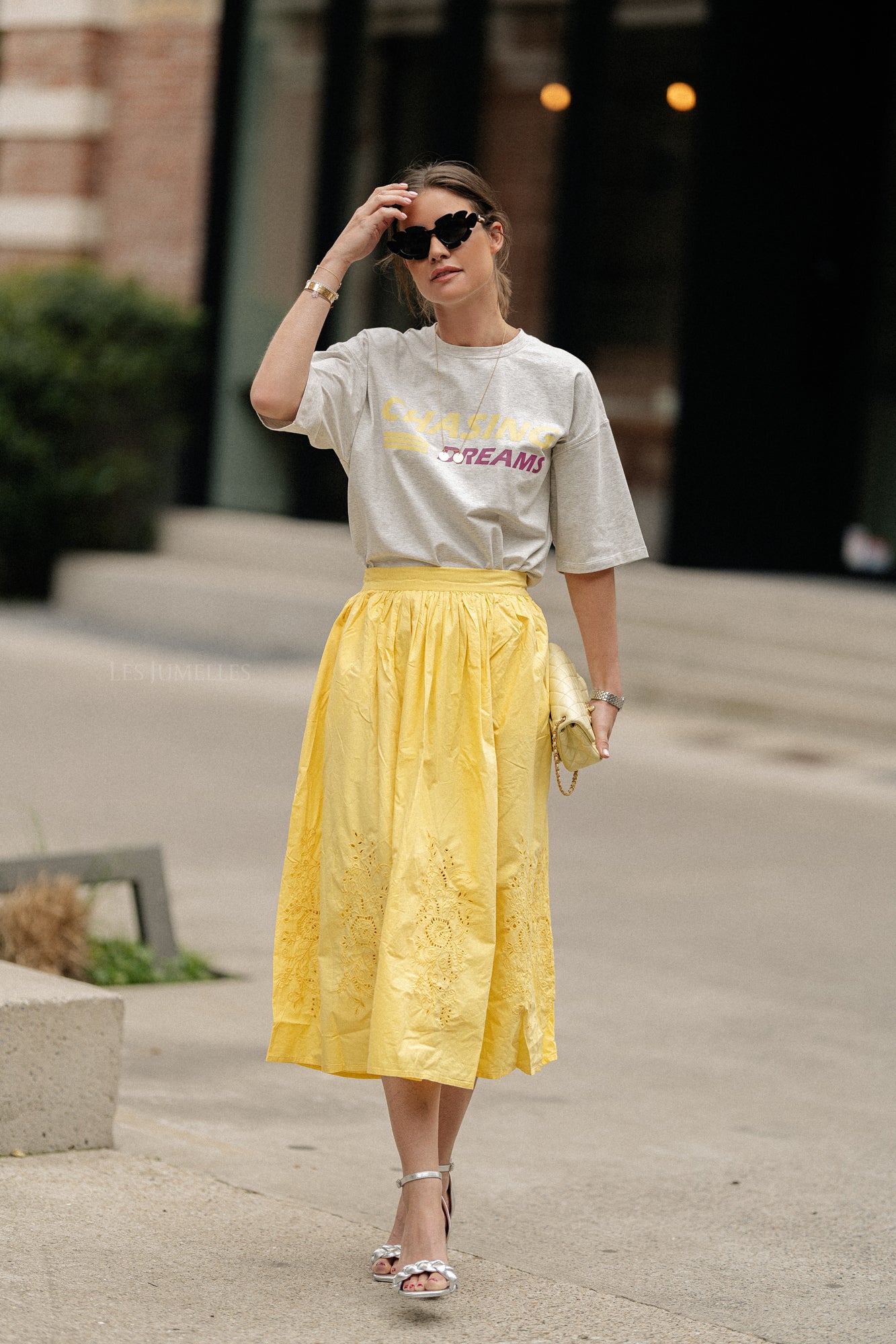 Embroidery anglaise midi skirt sweet yellow