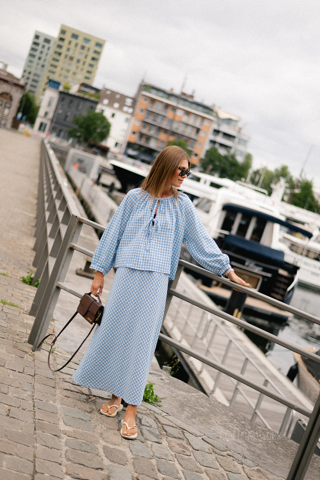 Lianne tie front checkered blouse blue
