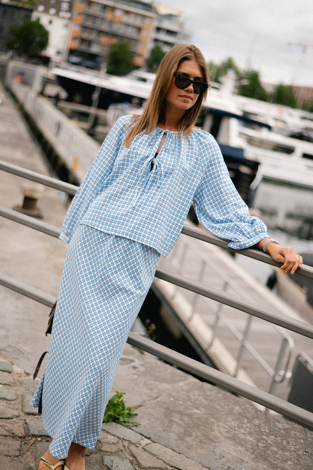 Lianne tie front checkered blouse blue