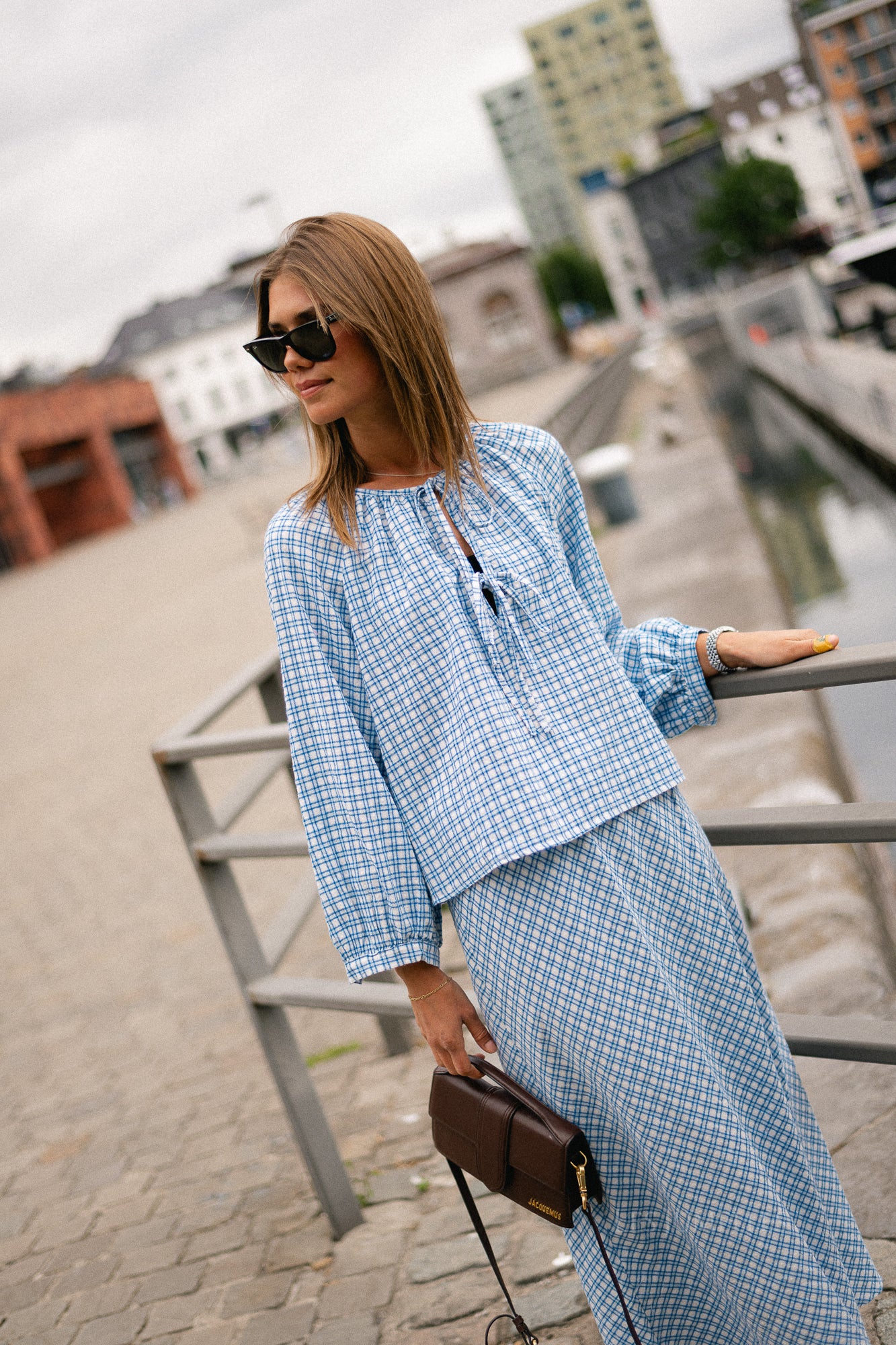 Lianne tie front checkered blouse blue