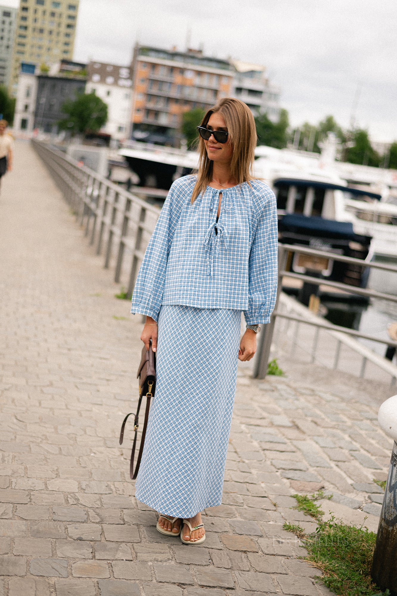 Lianne tie front checkered blouse blue