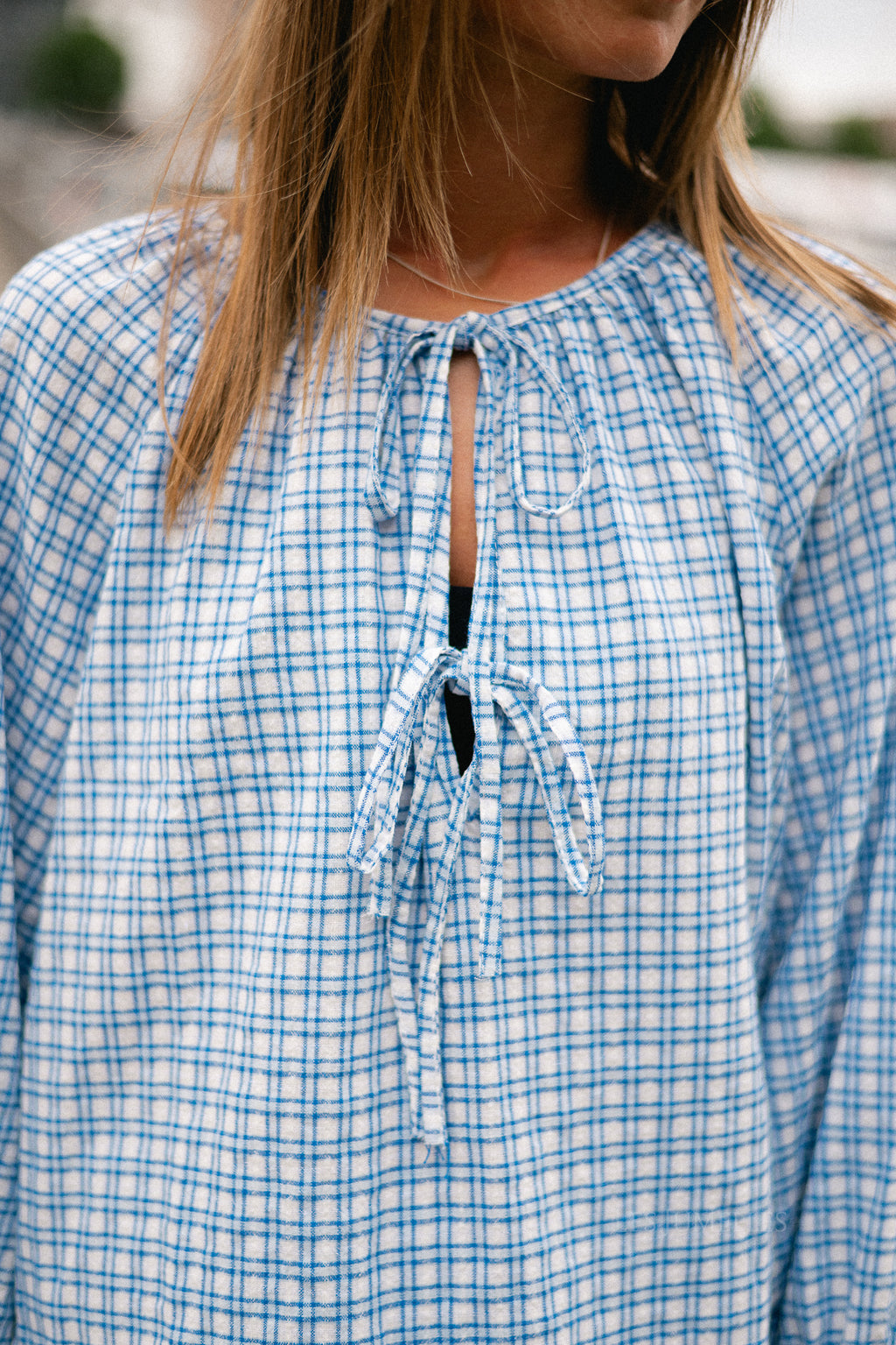 Lianne tie front checkered blouse blue