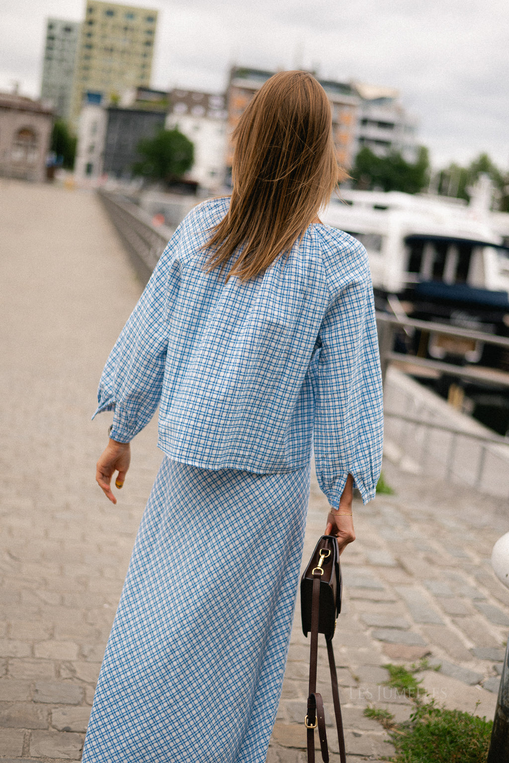 Lianne tie front checkered blouse blue