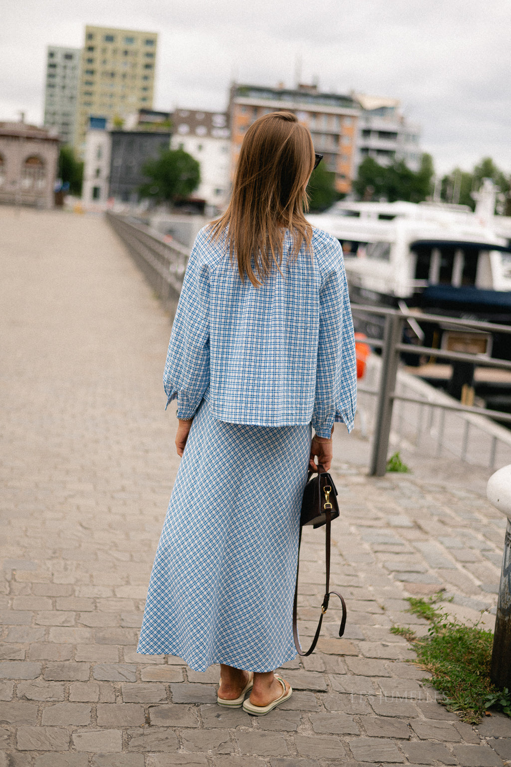 Lianne tie front checkered blouse blue