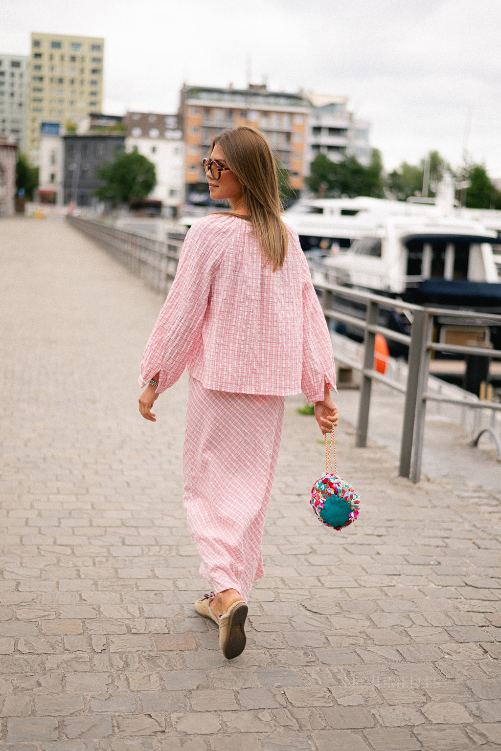 Lianne tie front checkered blouse pink