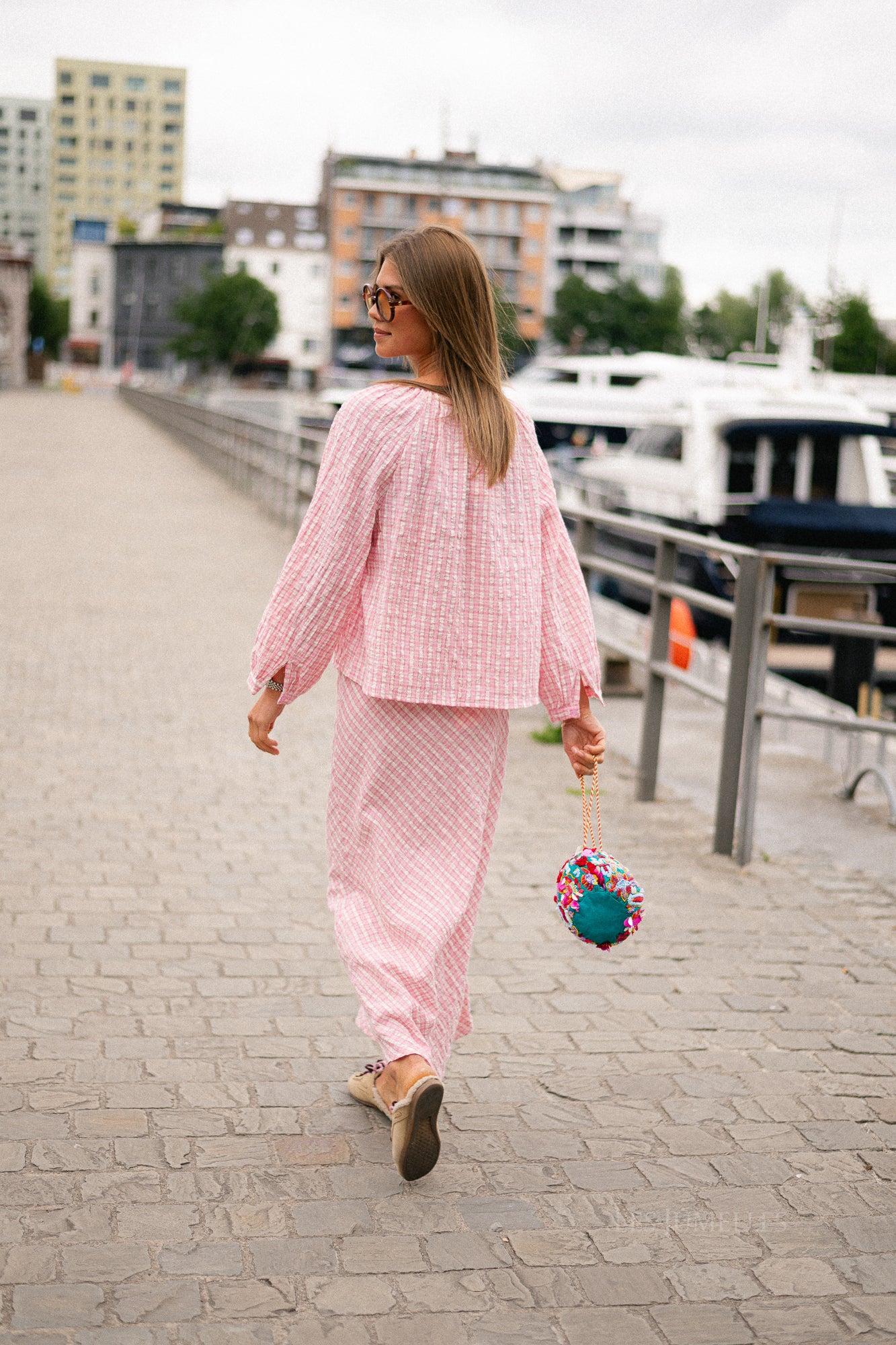 Lianne tie front checkered blouse pink