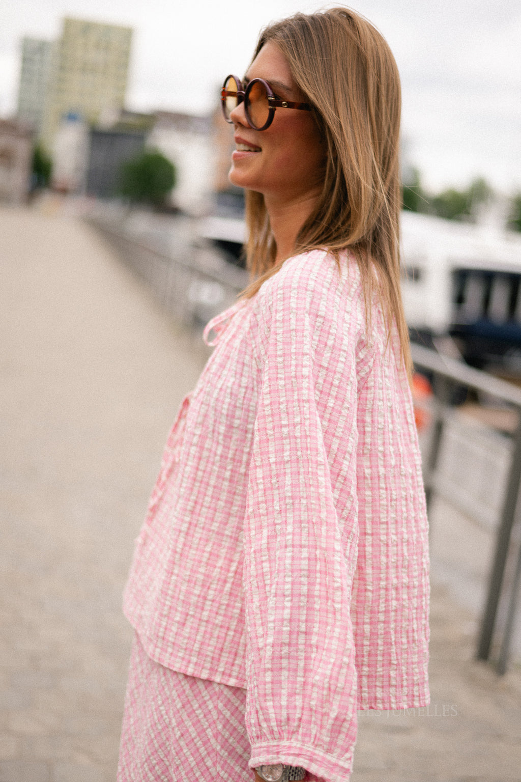 Lianne tie front checkered blouse pink