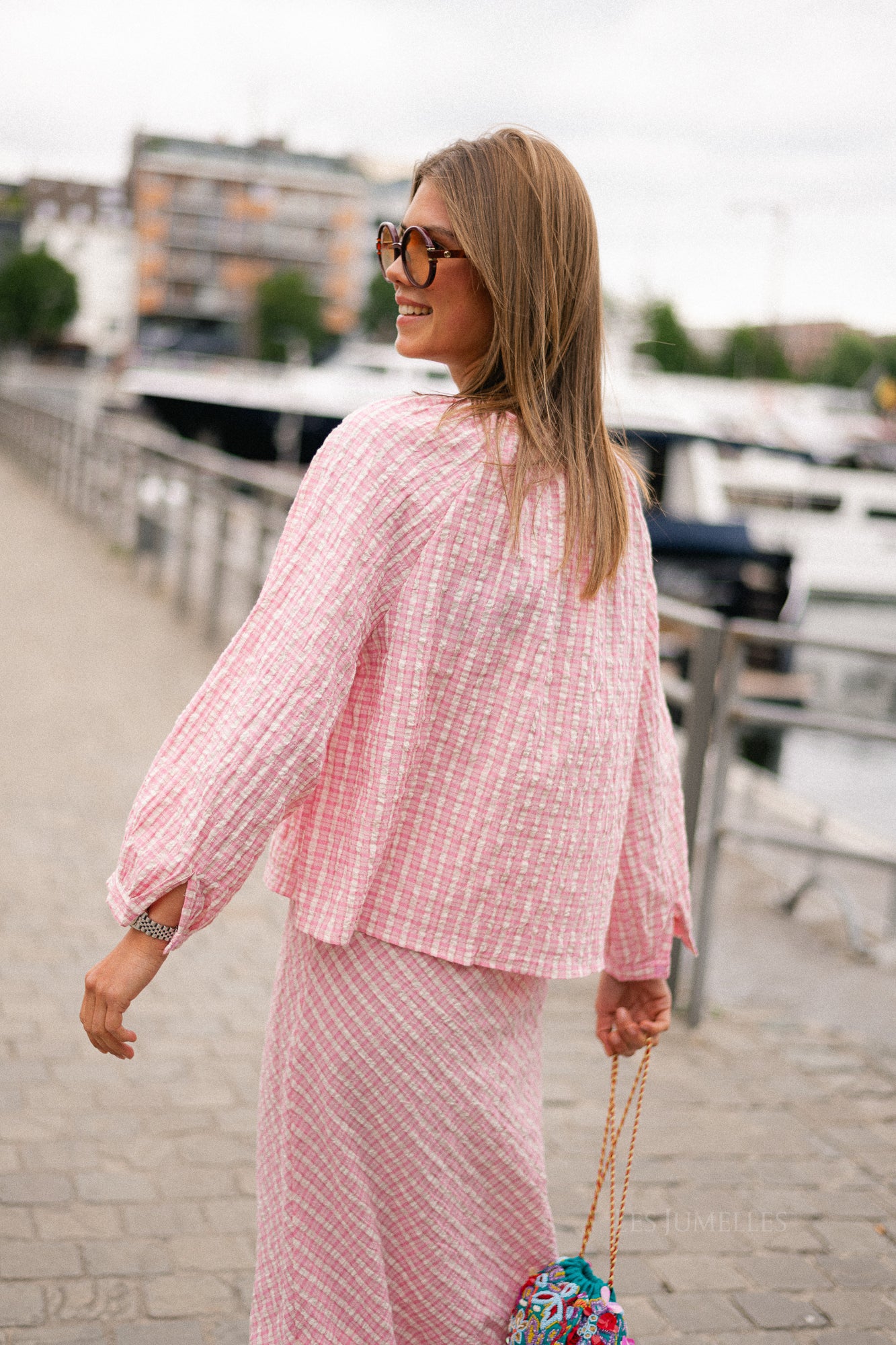 Lianne tie front checkered blouse pink