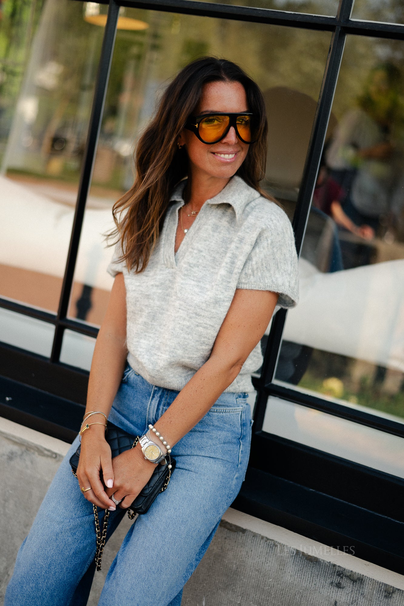 SLFLulu SS knit polo light grey melange