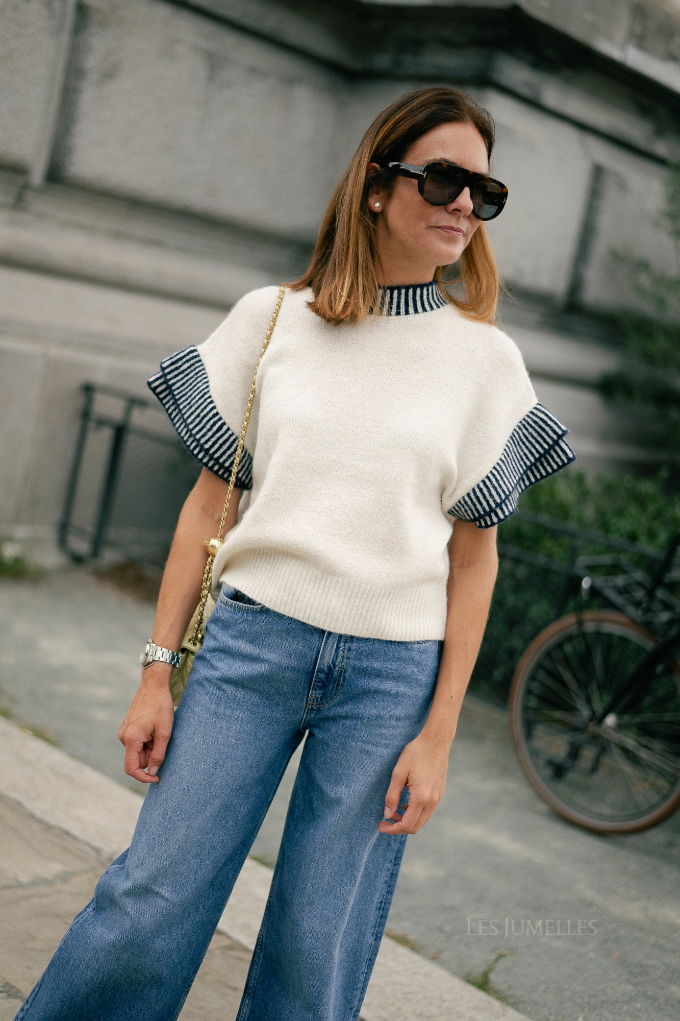 YASTelo SS knit top birch/navy blazer