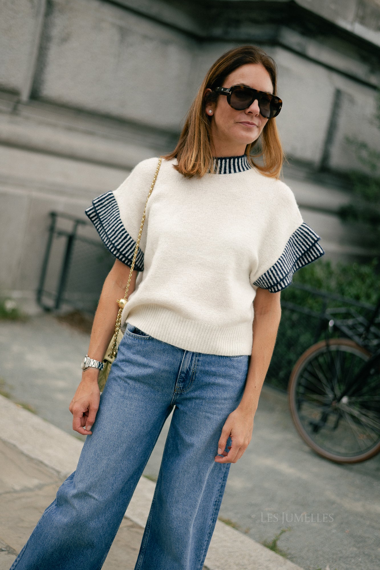 YASTelo SS knit top birch/navy blazer