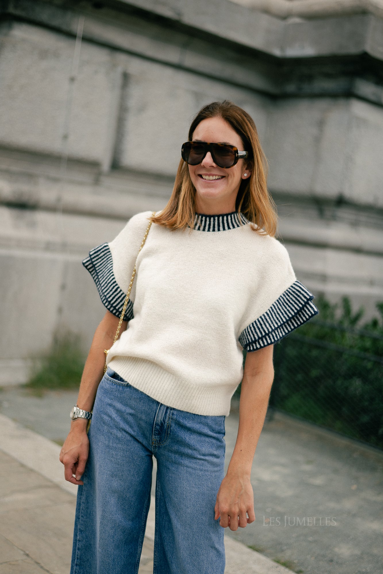YASTelo SS knit top birch/navy blazer