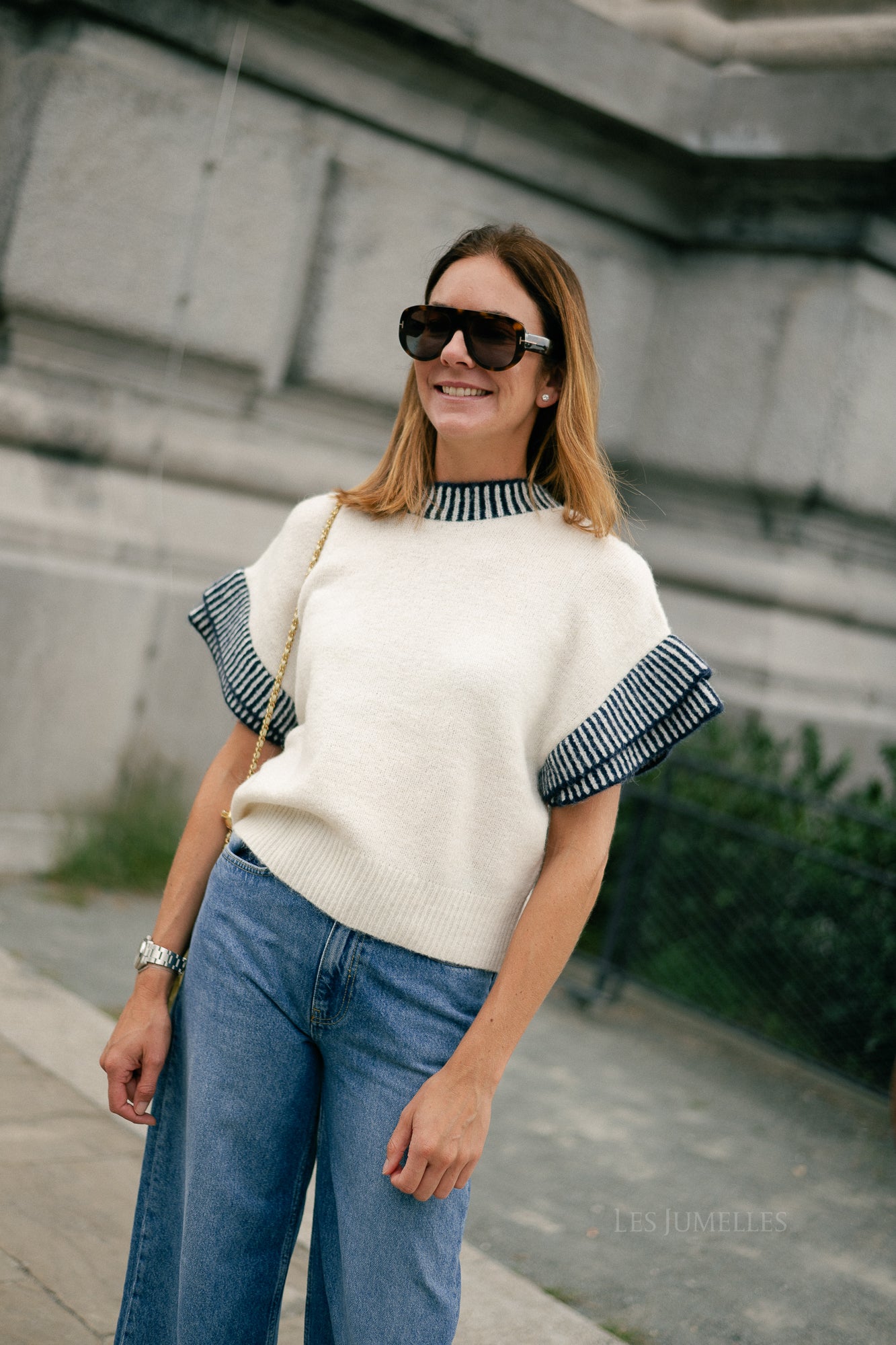 YASTelo SS knit top birch/navy blazer