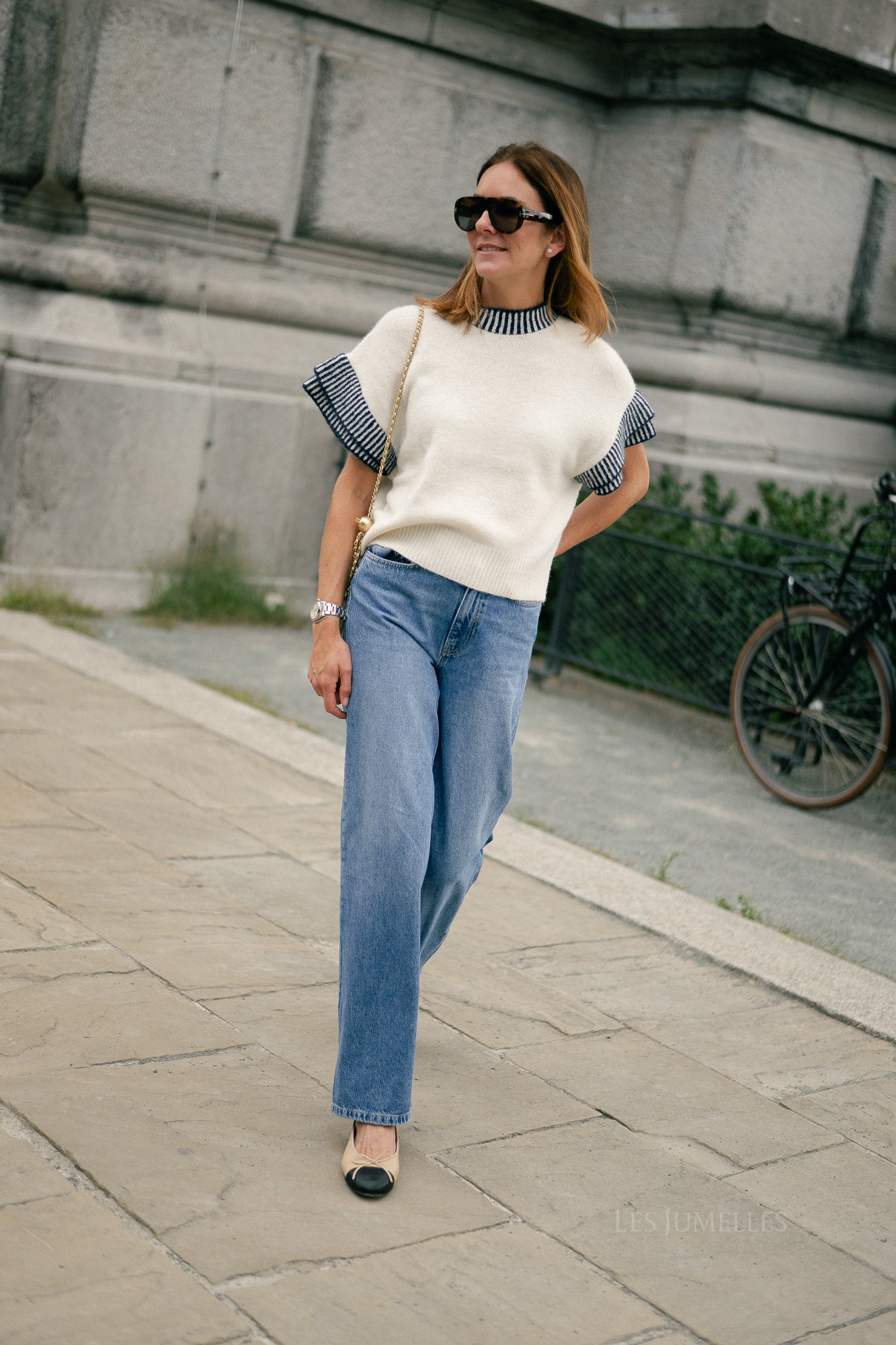 YASTelo SS knit top birch/navy blazer