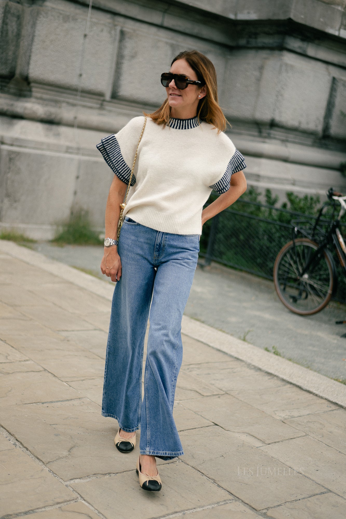 YASTelo SS knit top birch/navy blazer
