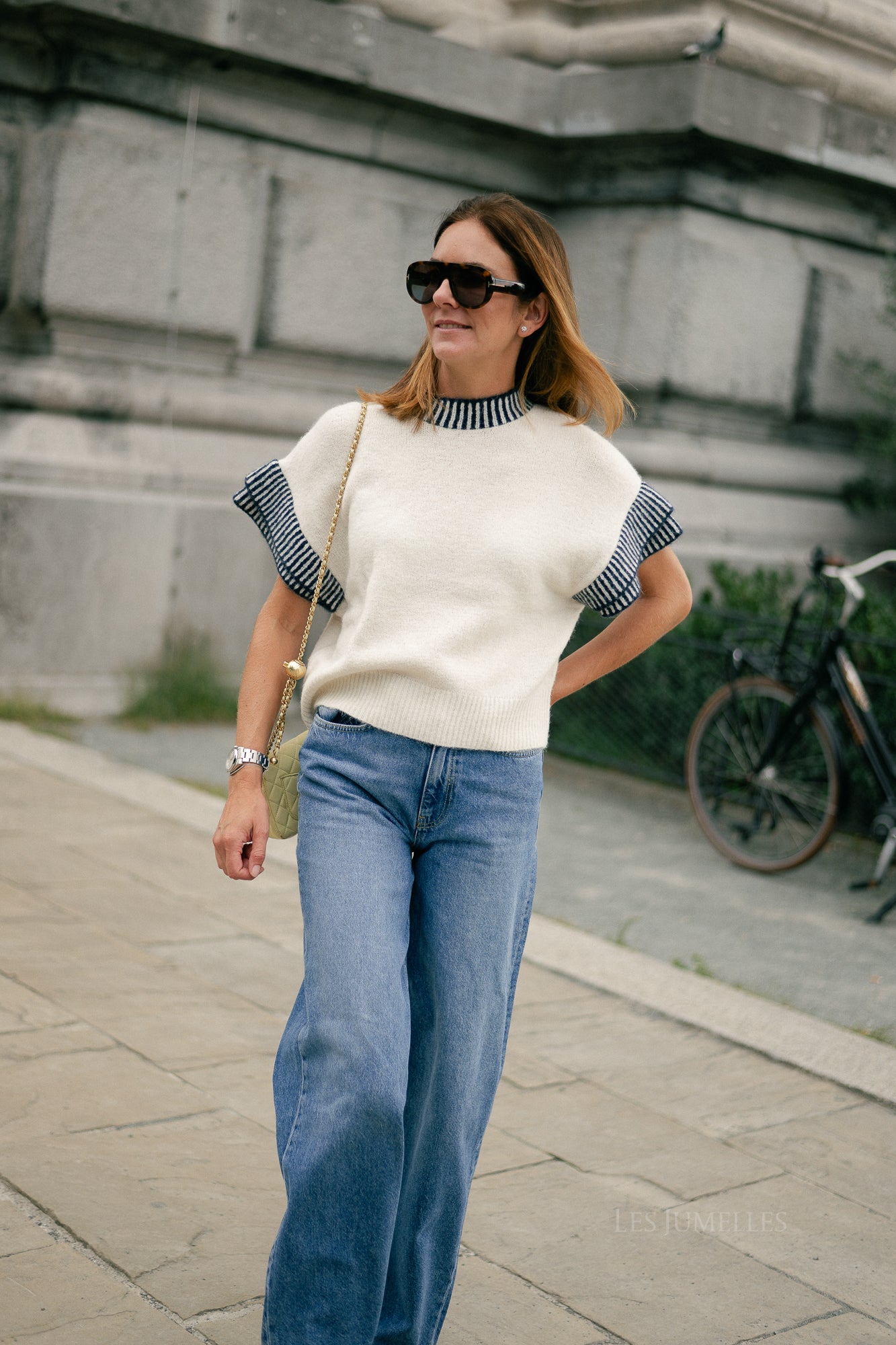 YASTelo SS knit top birch/navy blazer