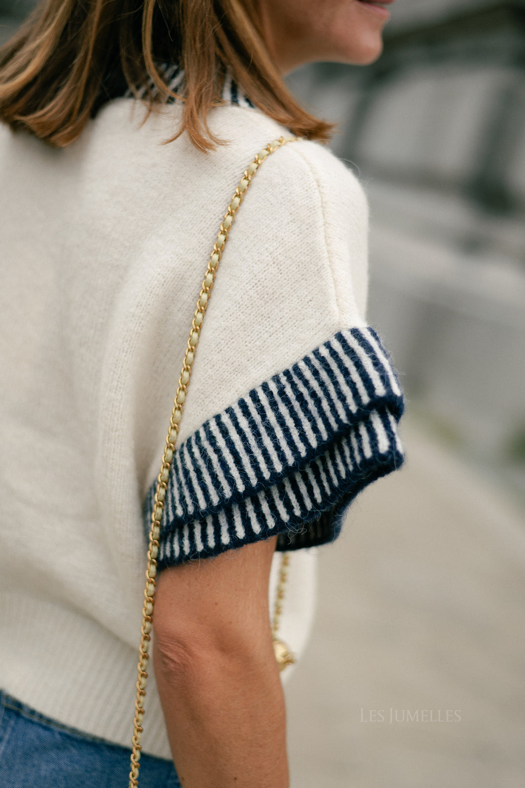 YASTelo SS knit top birch/navy blazer