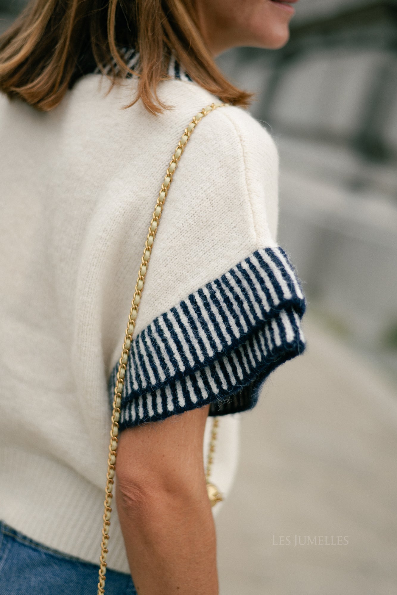 YASTelo SS knit top birch/navy blazer