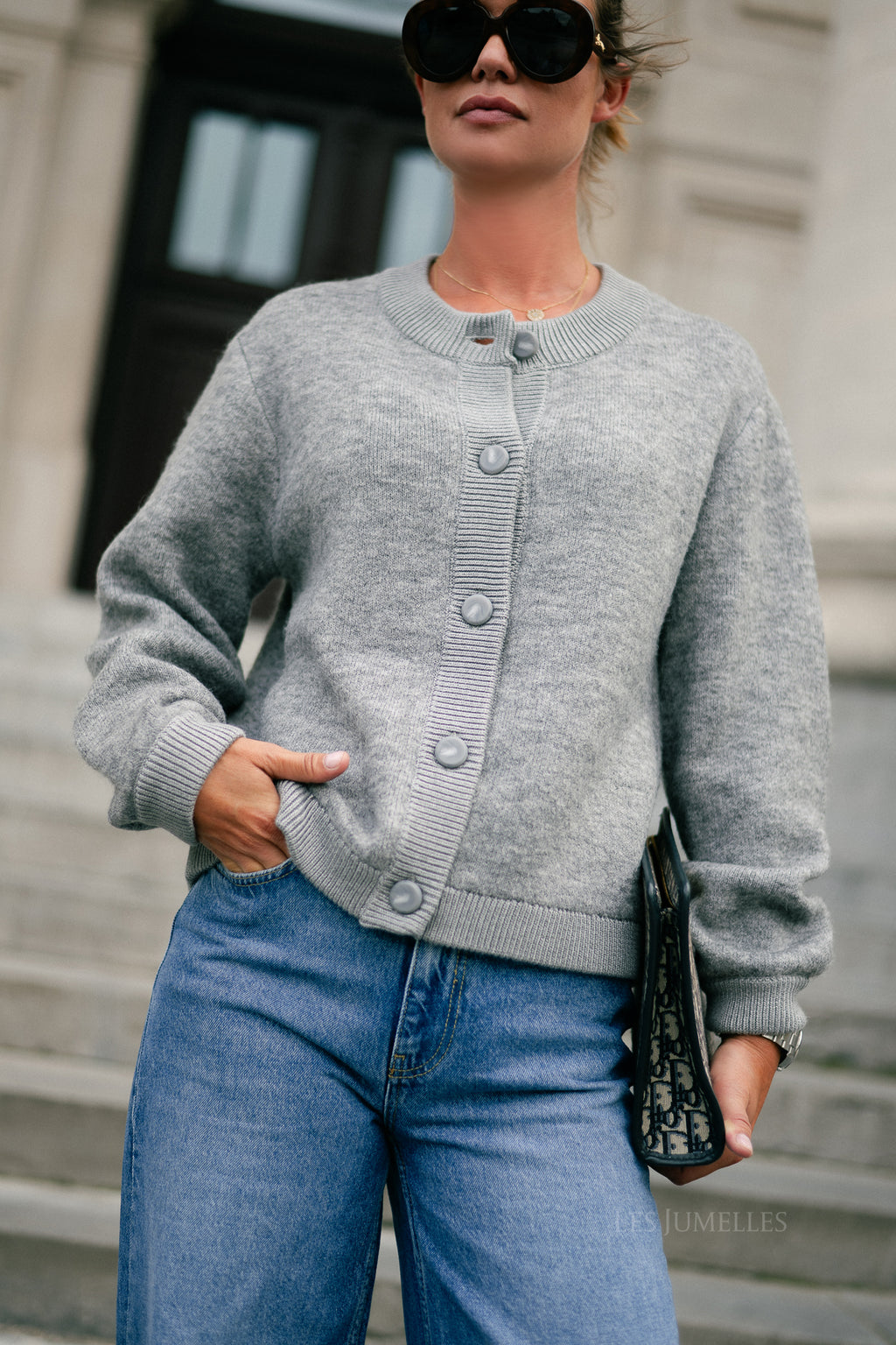 OBJMerle LS knit bomber medium grey melange