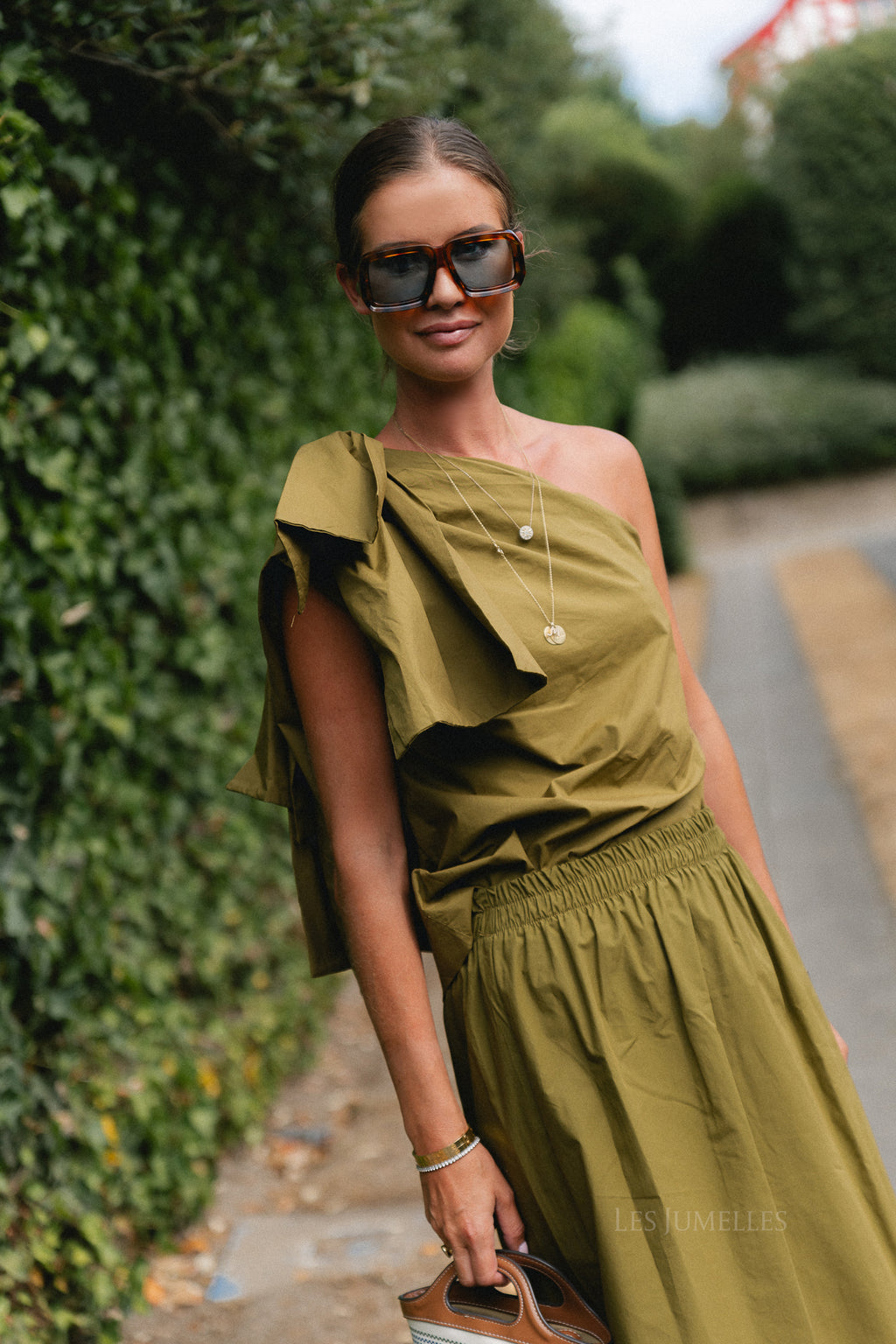 Britt one shoulder bow tie top green olive