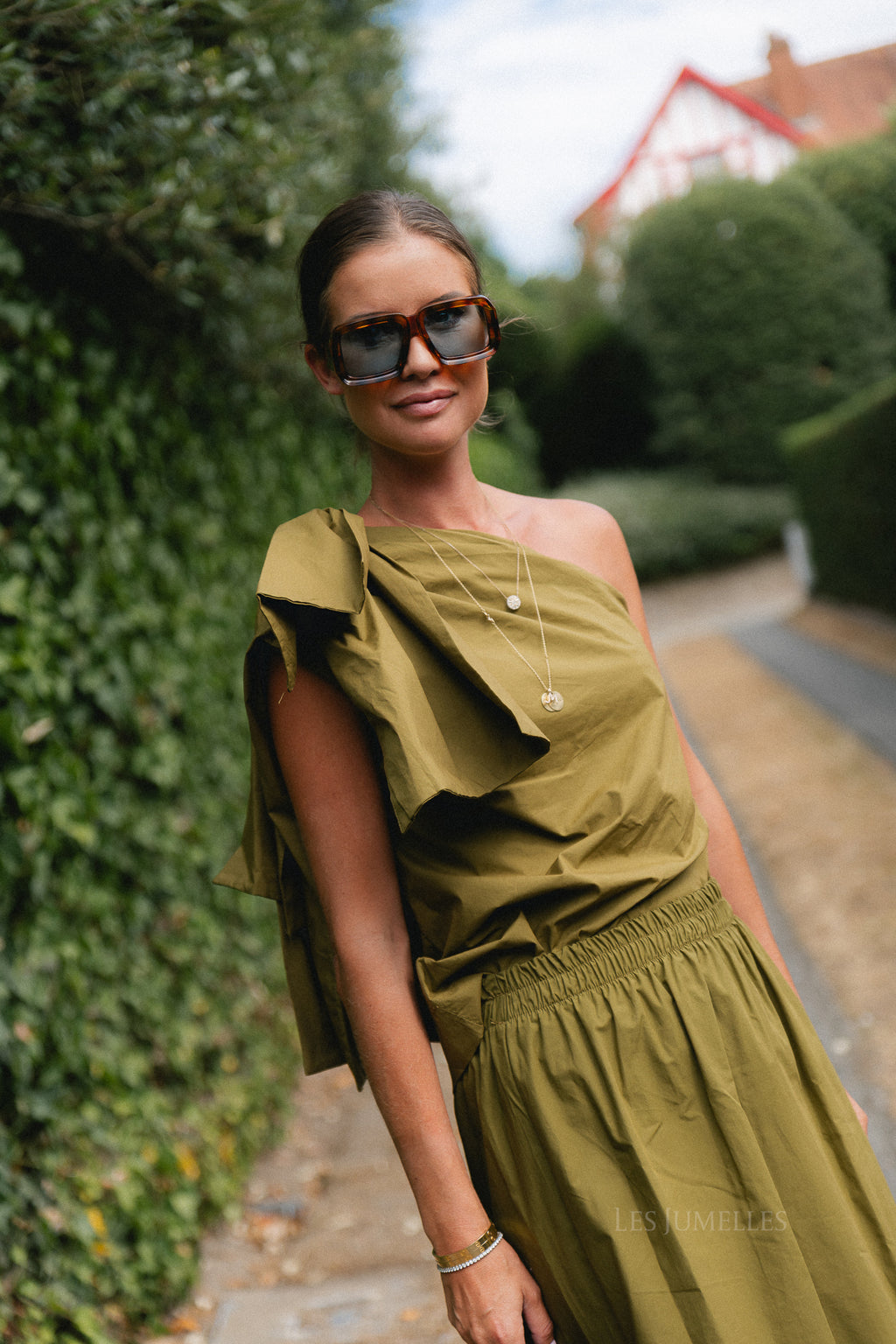 Britt one shoulder bow tie top green olive