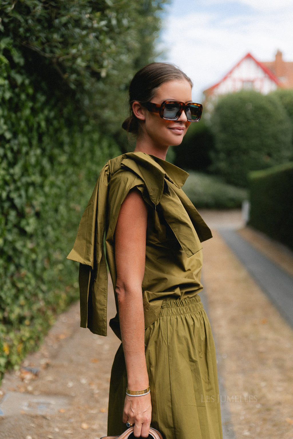 Britt one shoulder bow tie top green olive