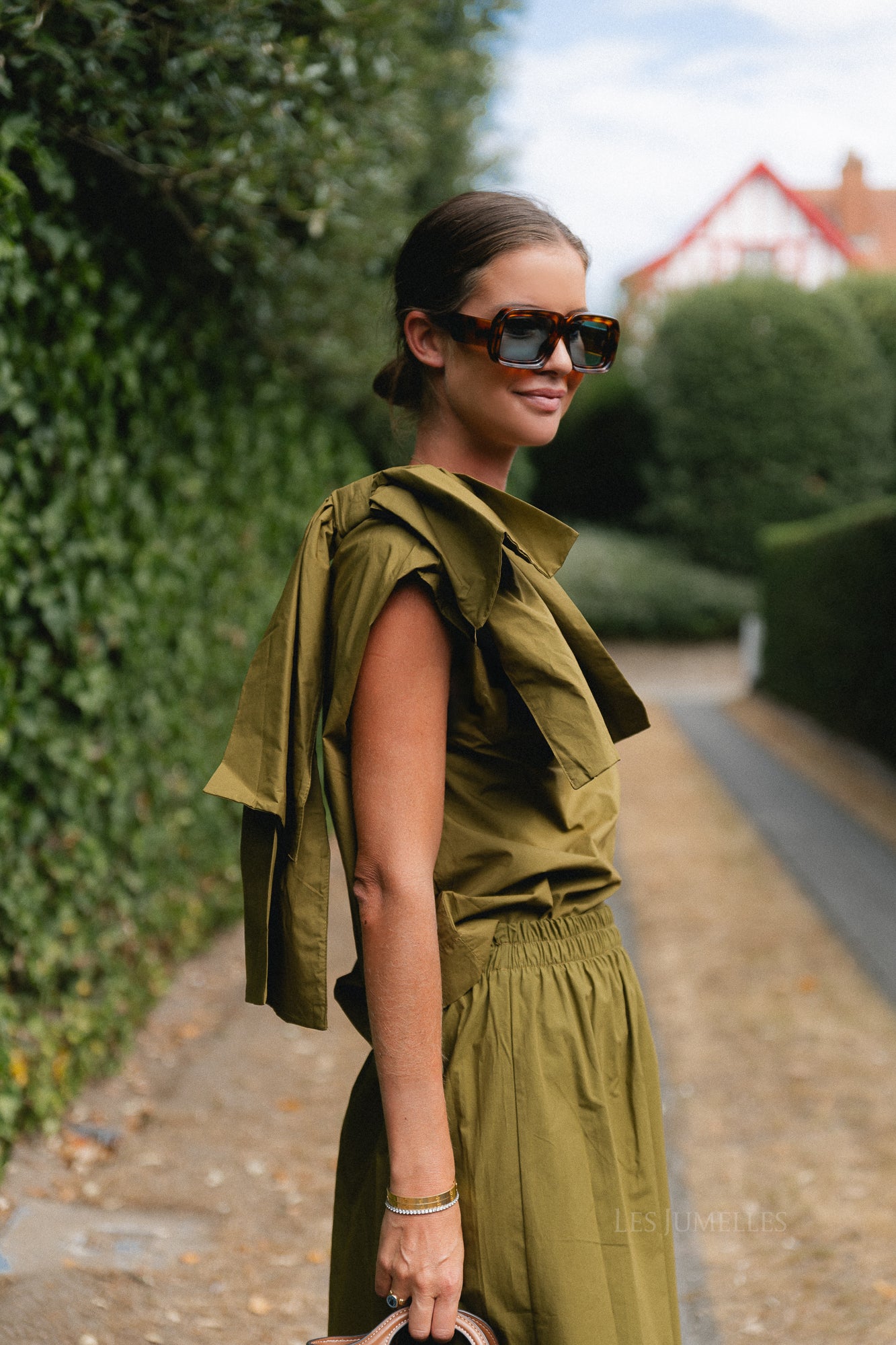 Britt one shoulder bow tie top green olive