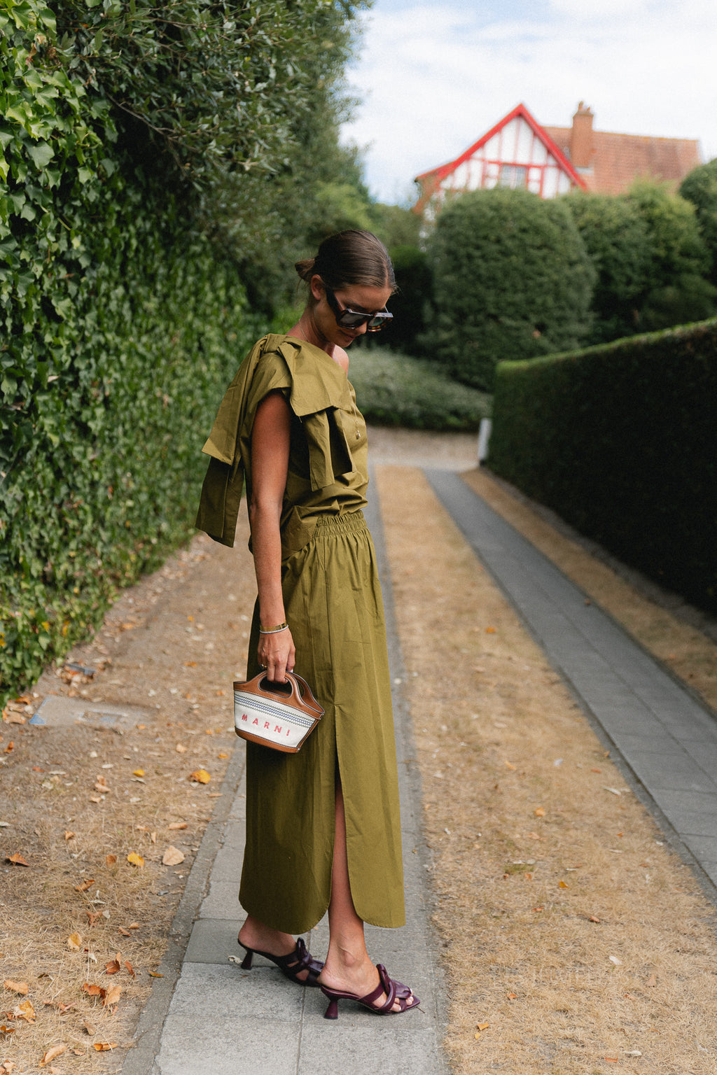 Britt one shoulder bow tie top green olive