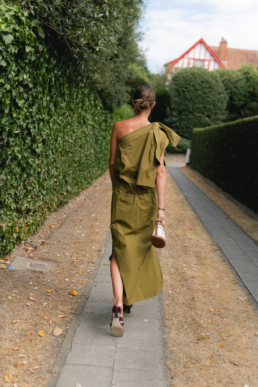 Britt one shoulder bow tie top green olive