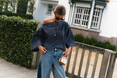 Myra checked off-shoulder blouse navy