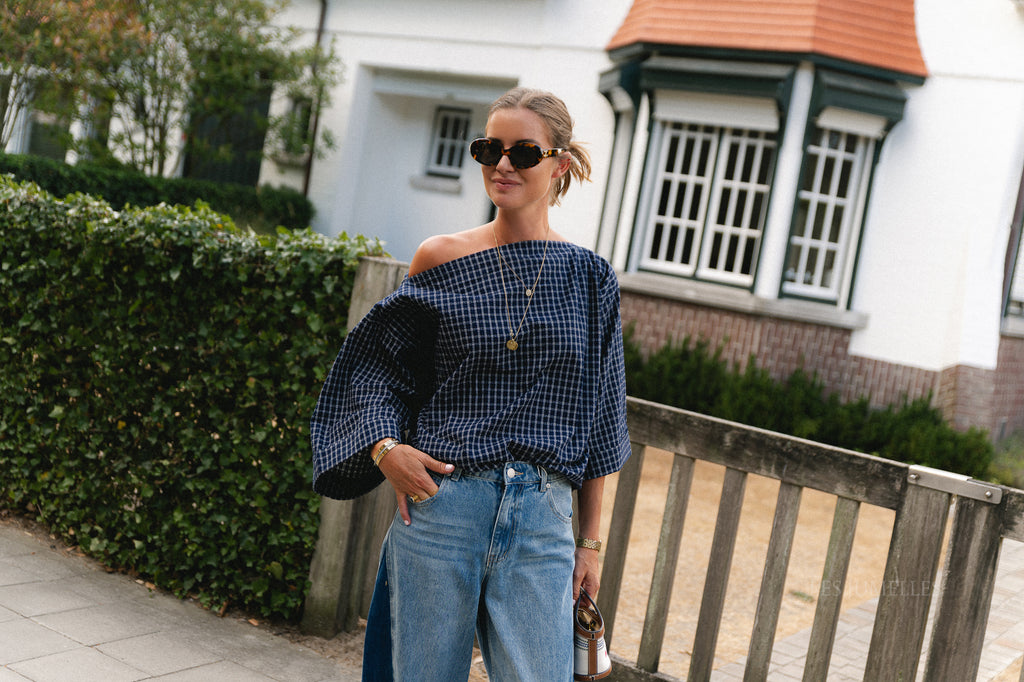 Myra checked off-shoulder blouse navy