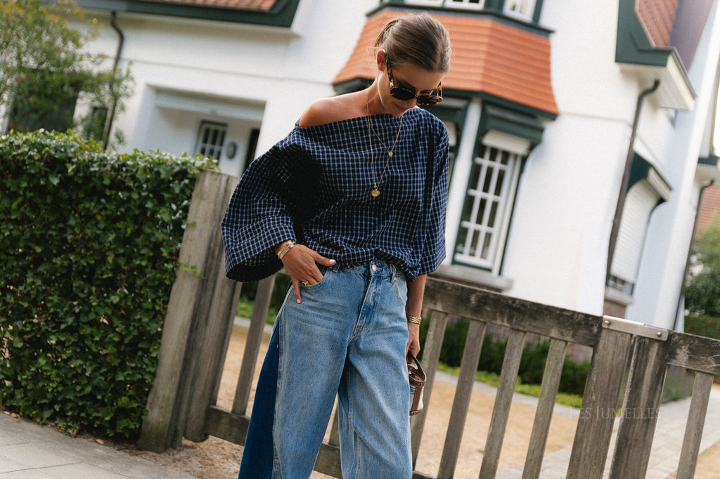 Myra checked off-shoulder blouse navy
