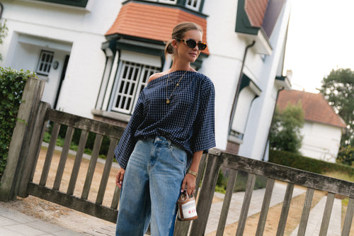Myra checked off-shoulder blouse navy