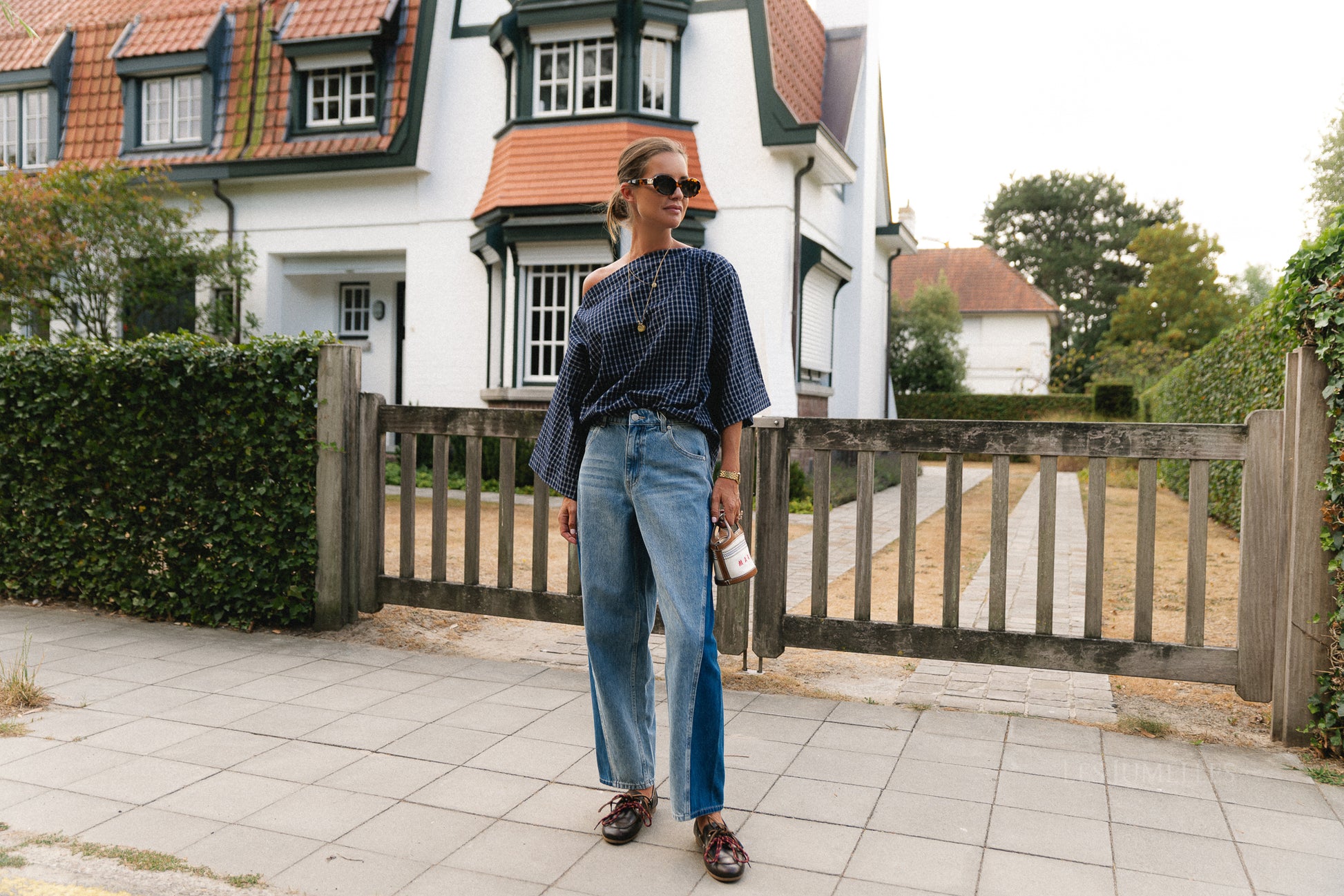 Myra checked off-shoulder blouse navy