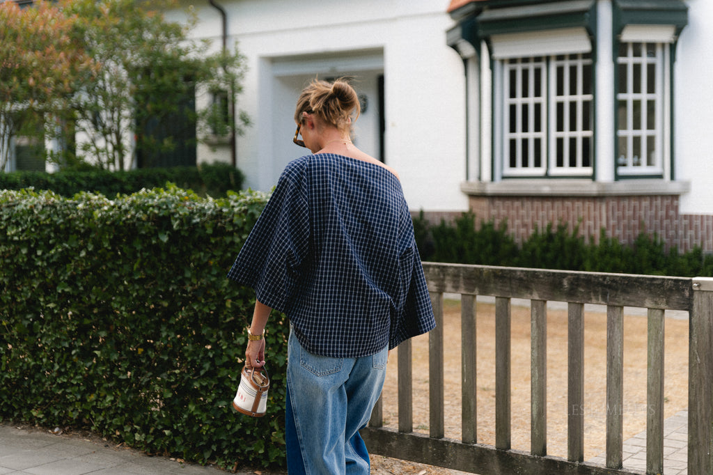 Myra checked off-shoulder blouse navy