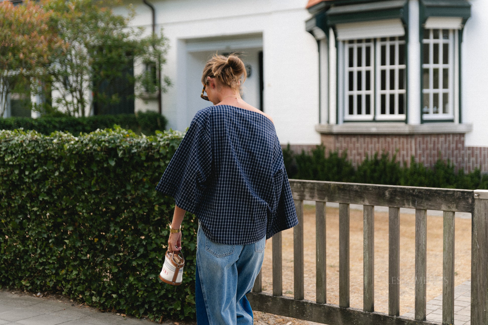 Myra checked off-shoulder blouse navy