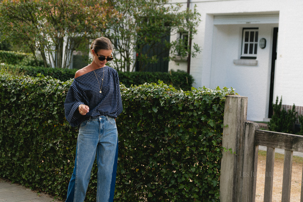 Myra checked off-shoulder blouse navy