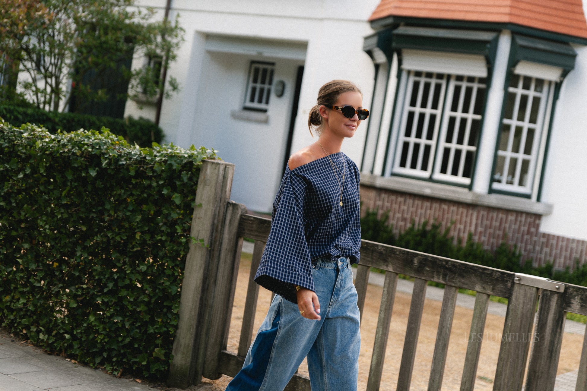 Myra checked off-shoulder blouse navy