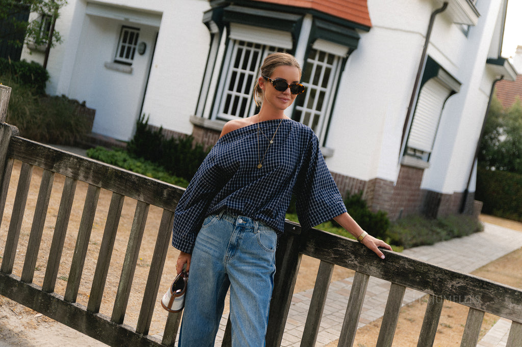 Myra checked off-shoulder blouse navy